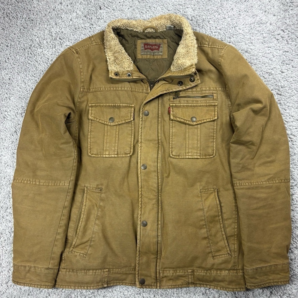 LEVIS COAT Mens Medium Field Jacket Khaki Canvas Sherpa Collar Utility Quilted